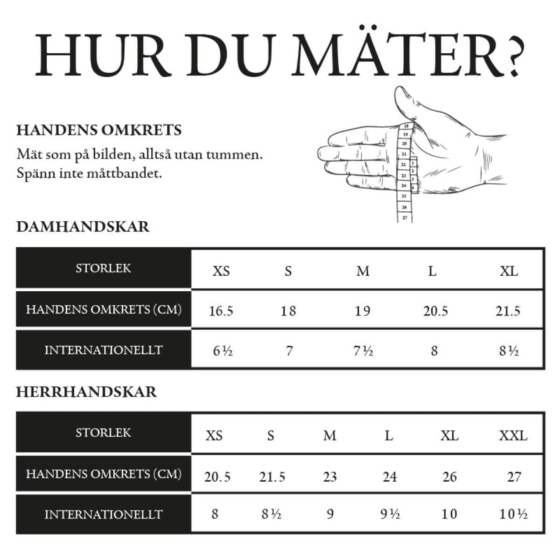 Bruna läderhandskar för damer - Hjortskinn - Varmt fodrad - Designad i Amsterdam - Schwartz & von Halen® -  Storleksdiagram
